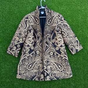 Chicos Travelers Jacket Womens Size 1 (US M) Black‎ Gold Paisley Open 3/4 Sleeve
